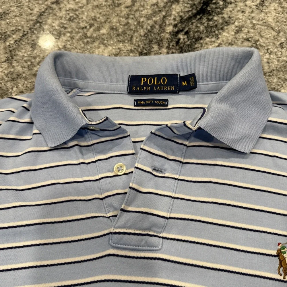 POLO Ralph Lauren Pima Soft Touch Polo Shirt Mens Size M Blue White Striped Pony